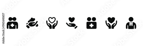 Healthcare assistance and volunteer icons with hearts and medical symbols for global service