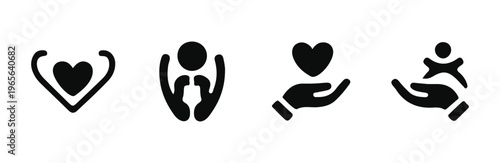 Set of four simple black silhouette icons representing health care charity support and kindness concepts