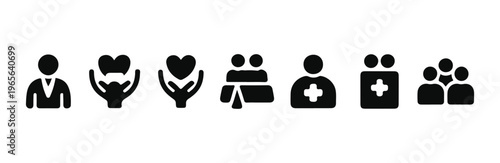 Collection of eight monochrome pictograms for medical assistance patient care group teamwork and doctor profession