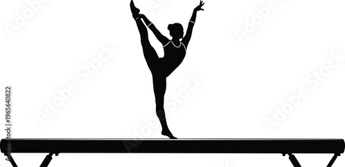 Silhouette of a female gymnast performing a graceful leg hold scale on a professional balance beam during a gymnastics competition routine