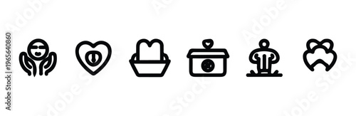 A group of six care outline icons isolated on white background symbolizing assistance and well-being