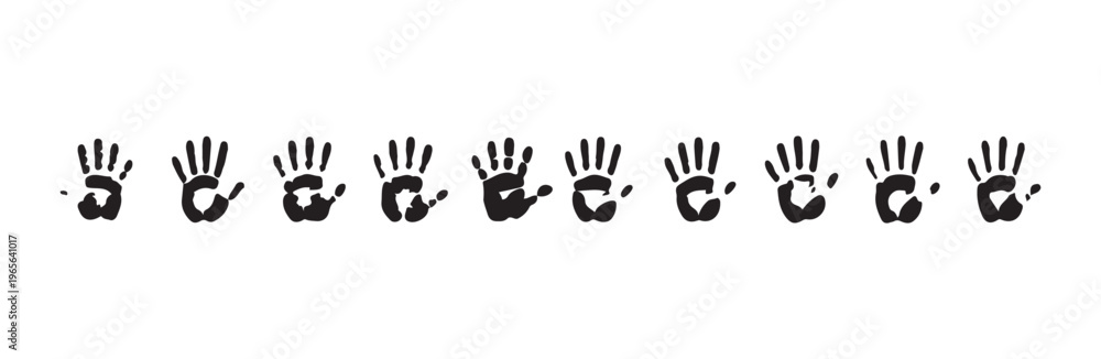 Obraz premium Row of ten distinct black handprint stamps showing diverse sizes and slight shape variations