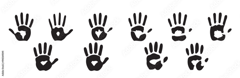 Fototapeta premium Various handprint shapes and palm impressions set for graphic design projects in black ink