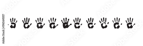 Row of ten distinct black handprint stamps showing diverse sizes and slight shape variations