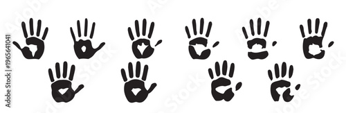 Various handprint shapes and palm impressions set for graphic design projects in black ink