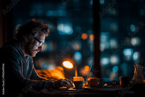 Professional working late on laptop in cozy home setting.