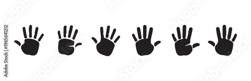 Several black hand silhouettes with fingers open on white isolated background
