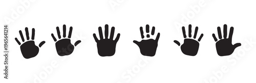 Variety of black handprint designs with fingers splayed on clean white background