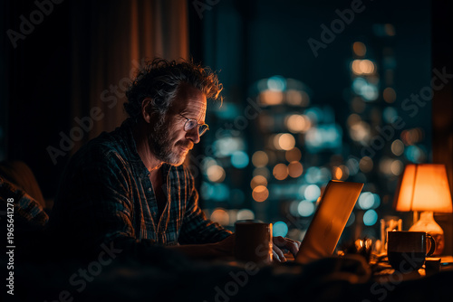 Professional working late on laptop in cozy home setting.