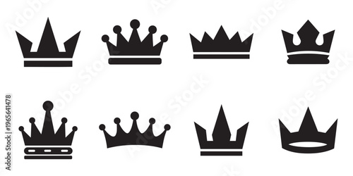 Minimal black crown icon set royal king and queen vector
