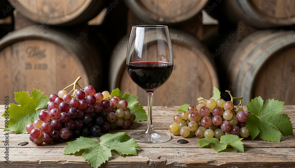 Fototapeta premium Rustic Wine Glass with Grapes and Wooden Barrels 