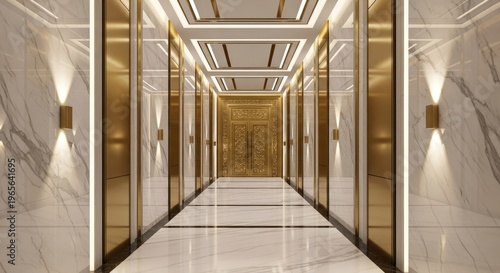 Elegant hallway interior with gold accents marble walls and modern lighting