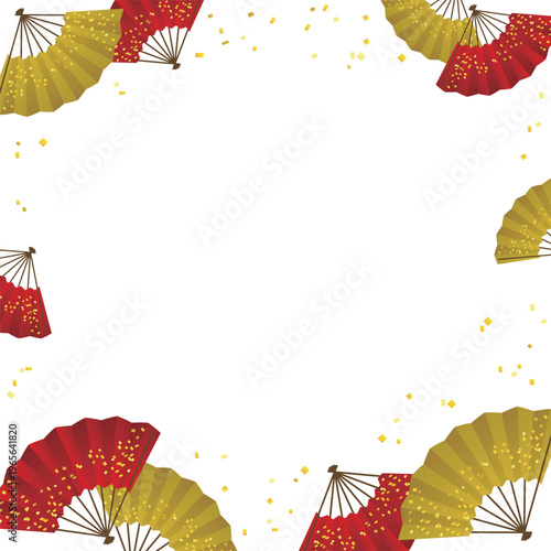 和風の赤と金色の扇子と金箔が舞う真四角フレーム背景お正月年賀和柄素材