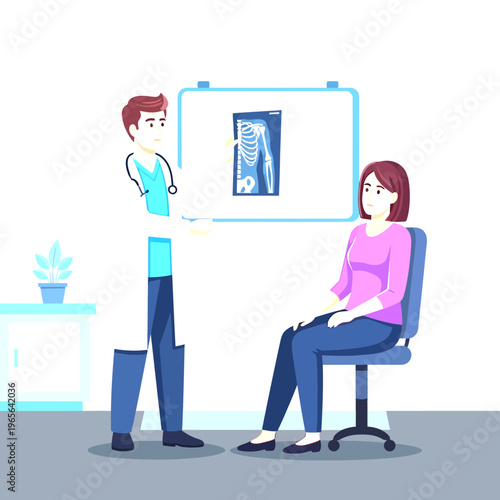 Doctor explaining X-ray results to female patient during medical consultation. Healthcare, diagnosis, and patient care concept illustration.