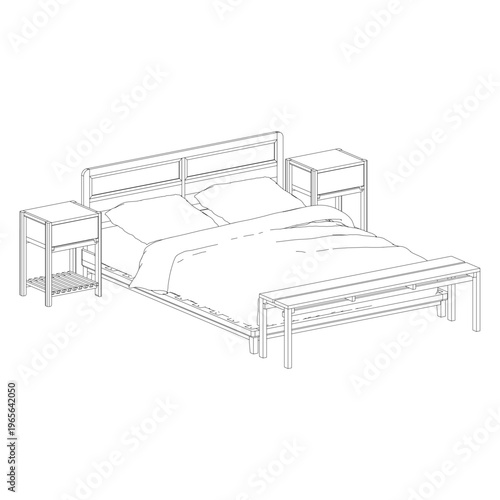 Canvas Print Perspective view of queen size bed with two nightstands in clean outline rendering, presenting modern and minimal bedroom set