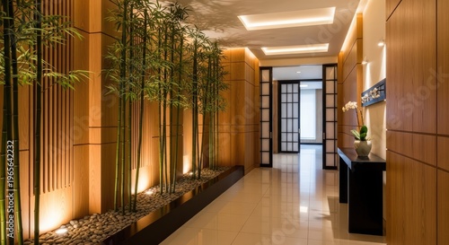 Elegant interior hallway design with bamboo plants and warm ambient lighting