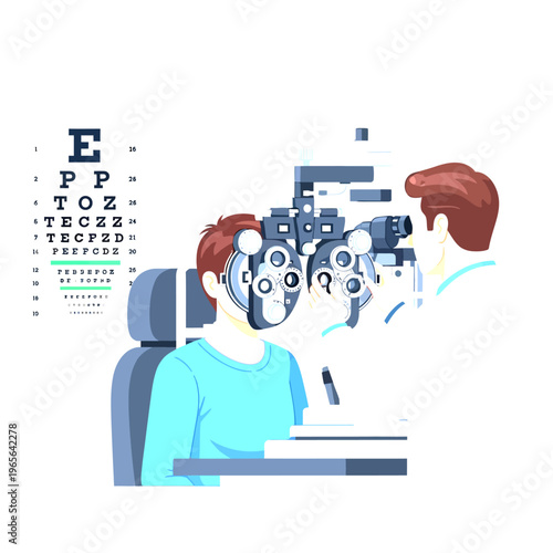 Routine Eye Exam: Optometrist Using Phoropter for Vision Test with Patient and Snellen Chart in Clinic