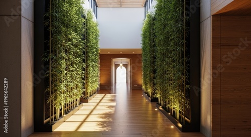 Elegant interior hallway design with vibrant green plants and sunlight