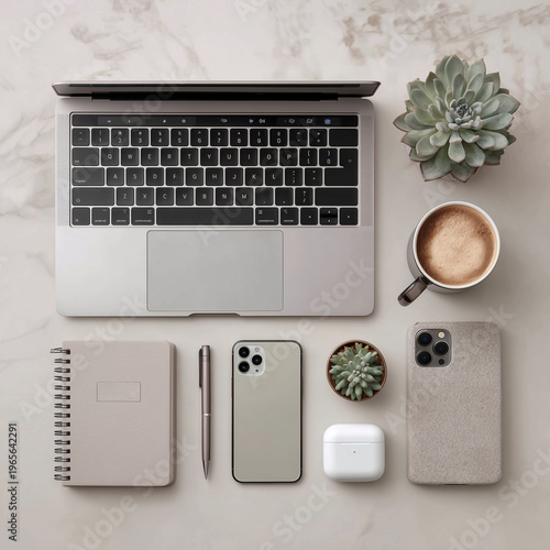 Remote work desk setup with laptop and coffee.