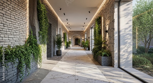 Elegant interior hallway with brick walls and plants creating an inviting atmosphere