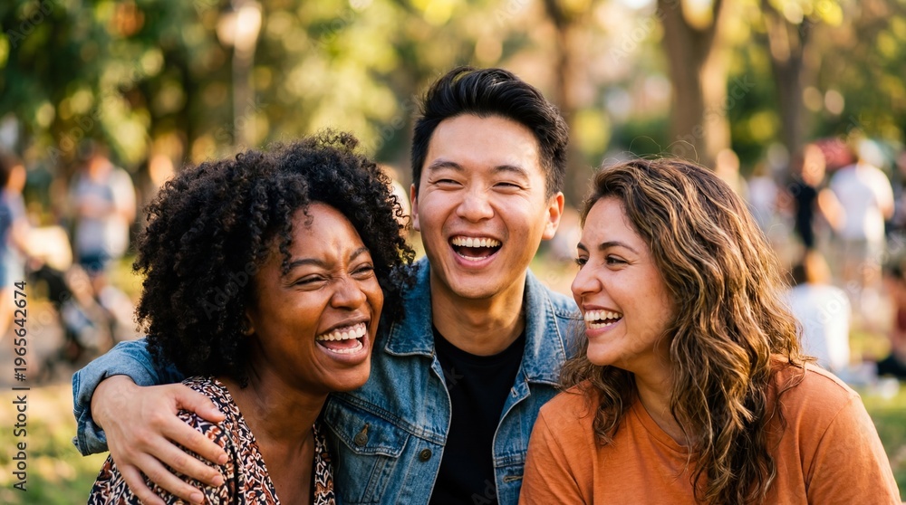 Obraz premium Three diverse friends happily laughing together outdoors, enjoying a sunny day in a park with blurred trees in the background.