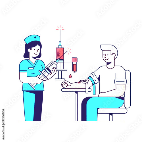 Nurse drawing blood from patient for medical test, blood donation, or laboratory analysis. Healthcare procedure illustration.