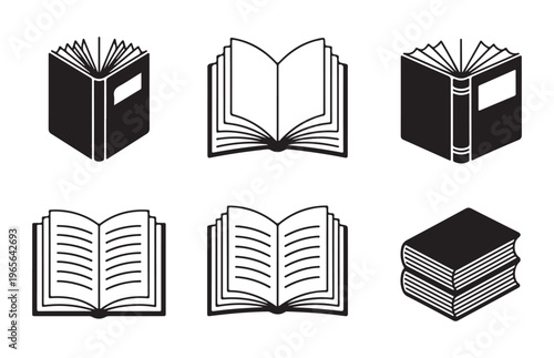 book vector icons set, a collection of black and white open and closed book symbols.