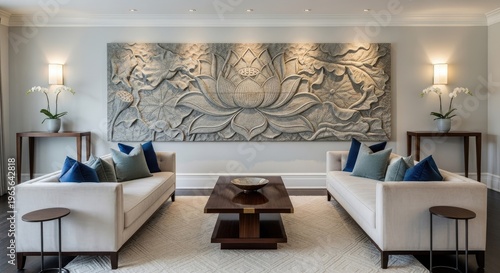 Elegant living room interior with artistic relief and modern furnishings