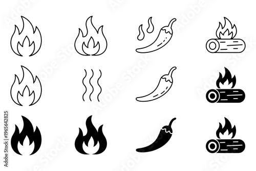 A set of vector graphic icons depicting flames and chili peppers