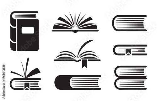 Variety of book symbols, including open, closed and stacked volumes for learning and education.