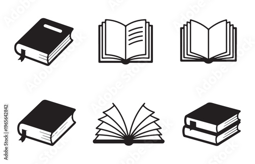 Group of book icons in silhouette, showing open and closed forms for education and knowledge.