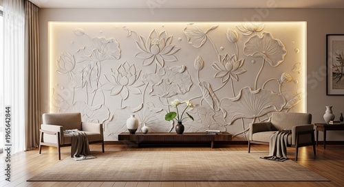 Elegant living room interior with artistic relief wall and comfortable seating