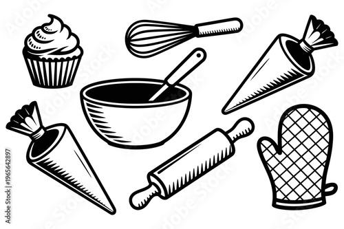 A set of baking tools and accessories in a minimalist line art style