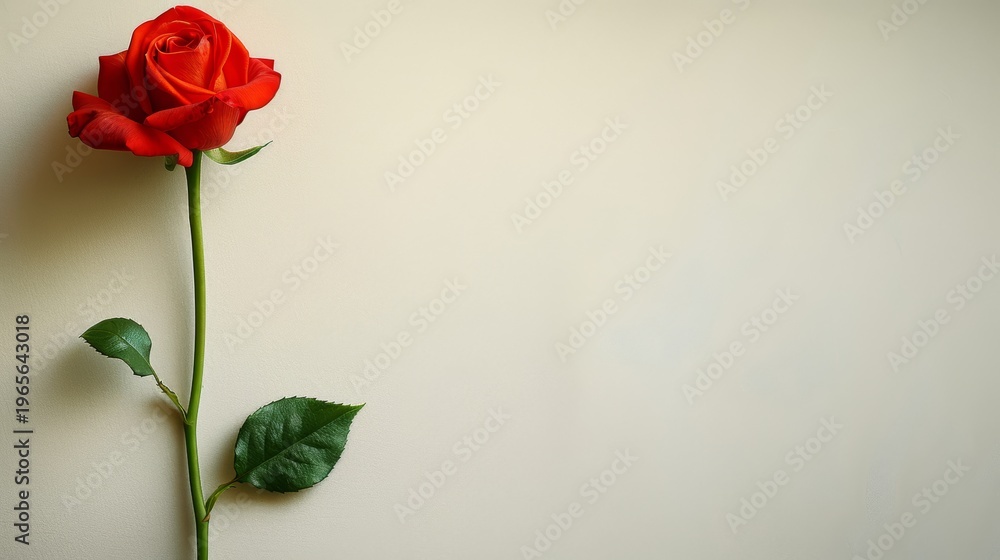 Fototapeta premium Single red rose with green leaves on light textured background, ideal for romantic, floral, or elegant marketing and copy space designs