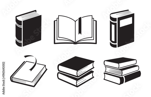 Compilation of book icons, showcasing open, closed and stacked volumes for study and knowledge.