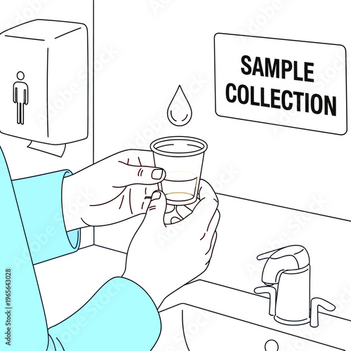 Medical sample collection illustration. Hands collecting urine for diagnostic testing in a washroom, health check-up, laboratory analysis.