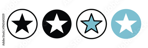 Collection of star icons in circles featuring black white and light blue colors for various applications.
