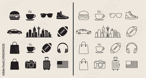 lifestyle daily activities icons, retail shopping bag graphic, fitness sports equipment art, healthy food beverage doodle, urban city life sketch, modern consumer habits vector, technology social medi