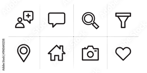Social media icons set with new follower, speech bubble, search, filter, location pin, home, camera, heart like.