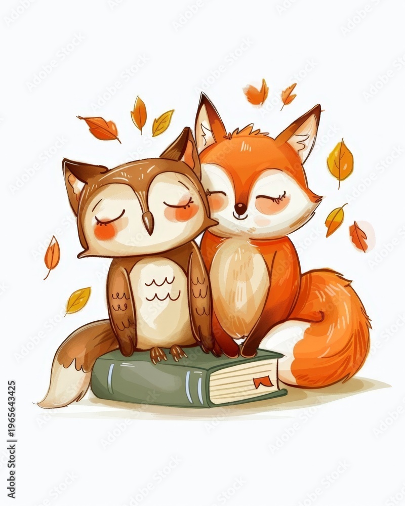 Naklejka premium Two cute animals, fox and owl, cuddle on a book. Fox and owl look peaceful, happy, and content. Autumn leaves float around them gently. Ideal for cozy reading themes or autumnal designs
