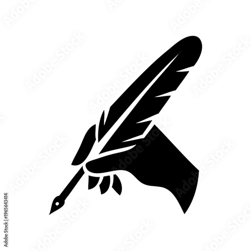 Logotipo con dibujo con silueta de una mano escribiendo con una pluma de ave