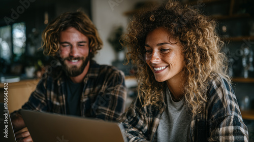 Young professionals collaborating on laptops at home.