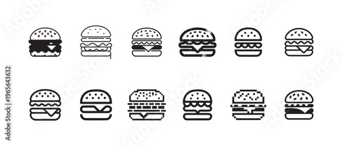 Burger line art and pixel art icons set vector isolated on white background outline styles