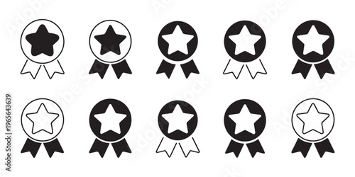 Achievement medal icons with star center for reward and victory celebration in various black and white styles.