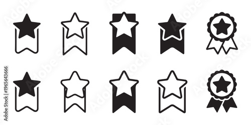 Bookmark icons set with star symbols for favorite content and premium rankings in flat black minimalist style.