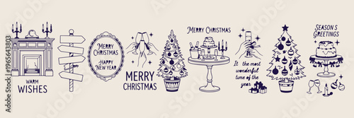 christmas tree centerpiece illustration, festive holiday cake stand art, merry christmas tabletop line art, winter seasonal home decor sketches, hand drawn festive party graphics, elegant holiday hosp