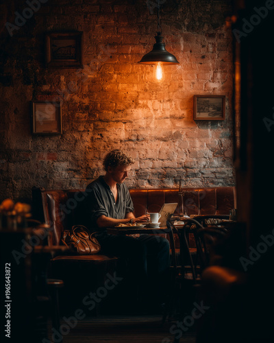 Young entrepreneur working on laptop in cozy coffee shop.