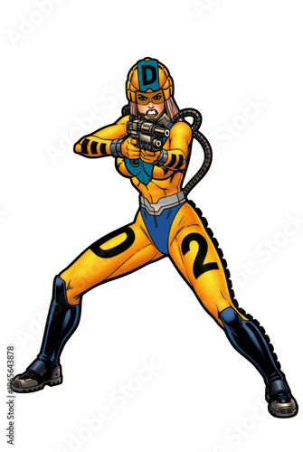 Cyberpunk Bionic Woman in Action Pose with Gun - Futuristic Vector Illustration