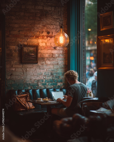 Young entrepreneur working on laptop in cozy coffee shop.