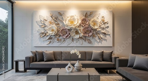 Elegant living room interior with floral art comfortable sofa and modern decor